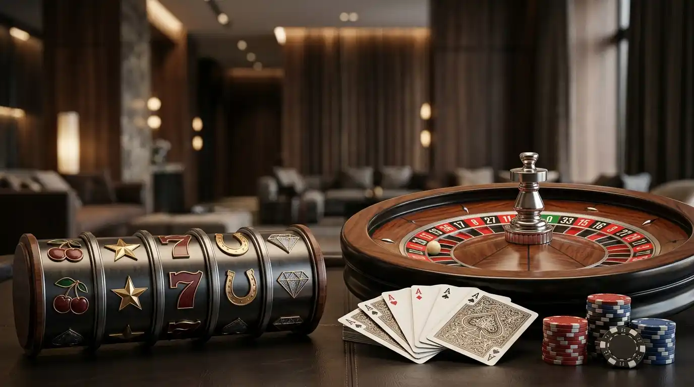 Online casinospellen met speelkaarten, rollen en een roulettewiel
