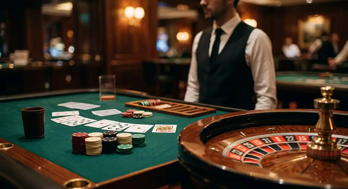 Live casinotafel met speelkaarten en roulette-elementen