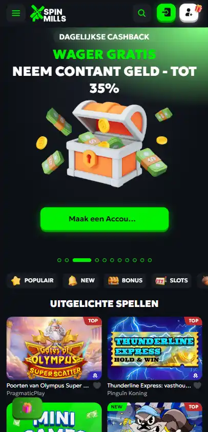SpinMills casino geopend op een smartphone met de mobiele navigatie en spelomgeving in beeld