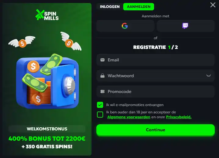 Registratieformulier van SpinMills met de velden die op dat moment voor een nieuw account worden gevraagd